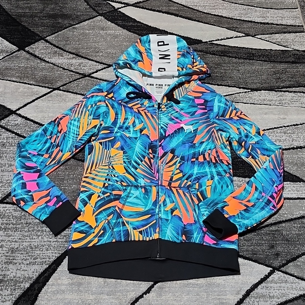 VS PINK 2018 CAMPUS FIT FULL-ZIP NEON TROPICAL PRINT HOODIE SWEATSHIRT J… - Picture 1 of 14